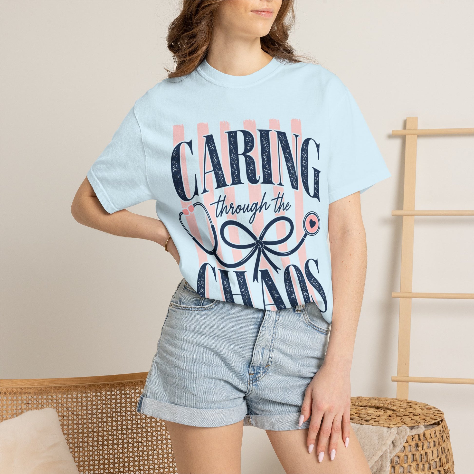 Caring Through the Chaos T-shirt | Nurse Heart Ribbon Design