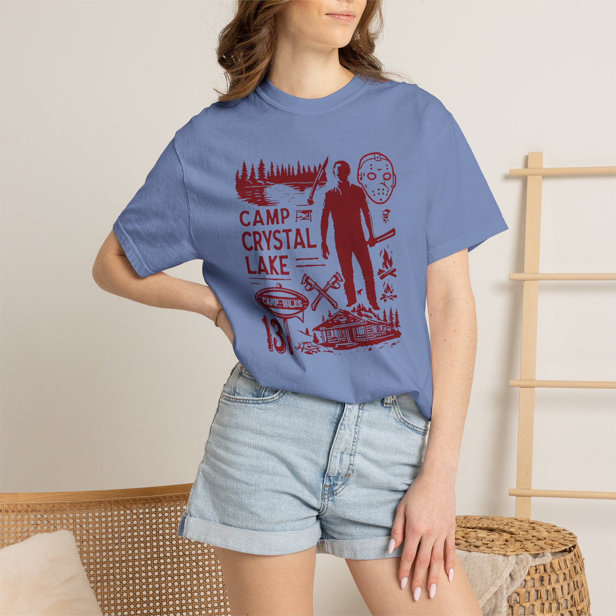 Camp Crystal Lake horror collage T-shirt | Jason Voorhees slasher design