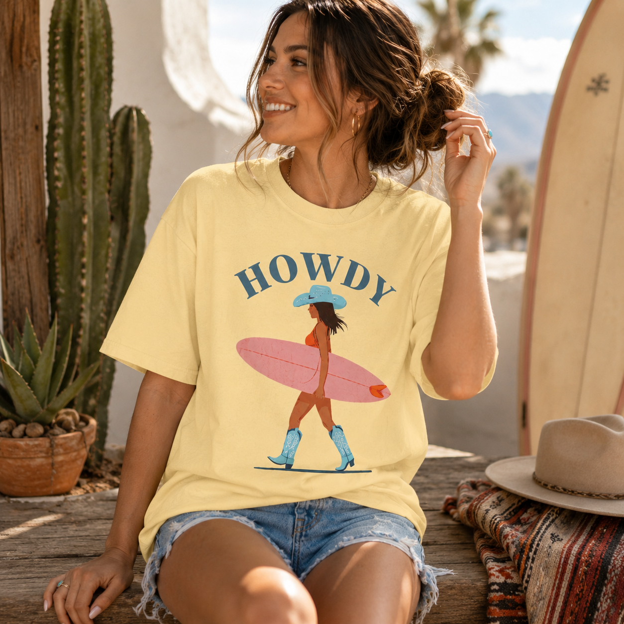 Howdy Surf Girl T-shirt | Surfer Cowgirl Illustration