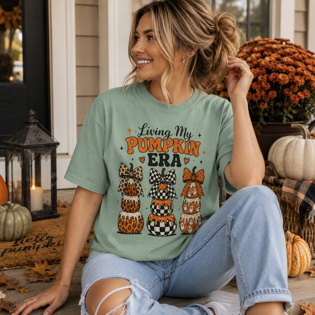 Pumpkin Era T-Shirt — Stacked Patterned Pumpkins Fall Graphic Tee
